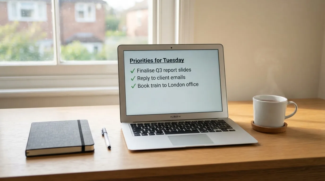 A tidy desk with a notebook, a mug of tea and a laptop open to a checklist, morning light through a window.