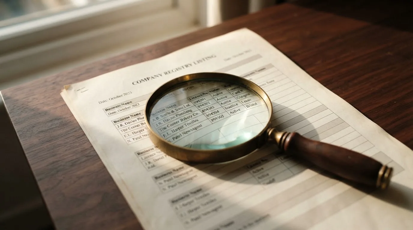 A magnifying glass rests over a printed regulatory certificate on a wooden desk.