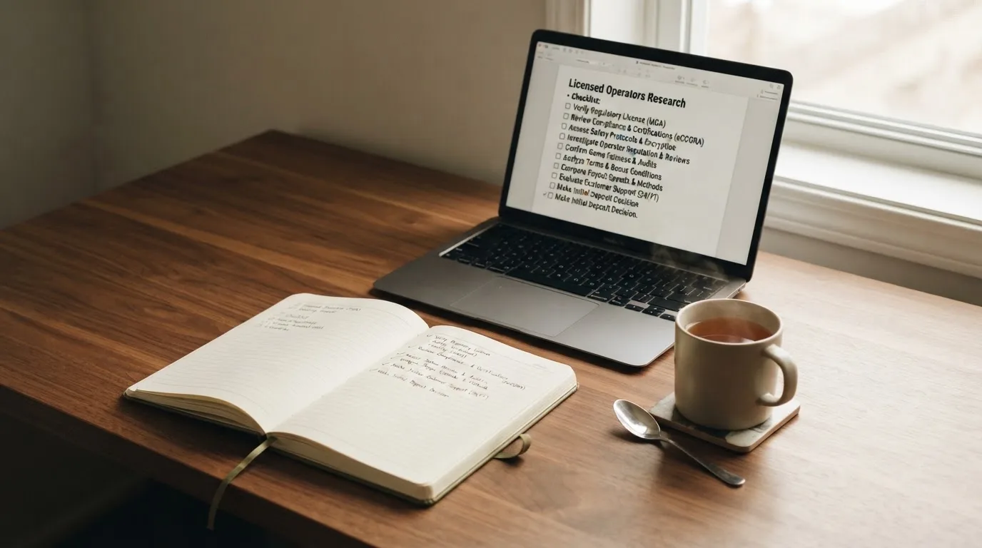 A tidy desk with a notebook, a mug of tea and a laptop open to a checklist, morning light through a window.