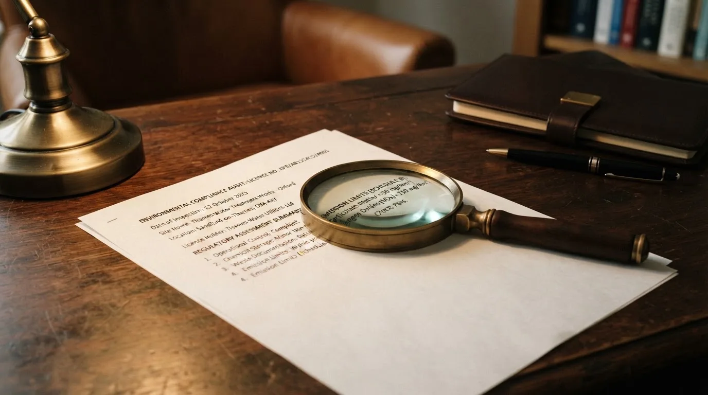 A magnifying glass rests over a printed regulatory certificate on a wooden desk.