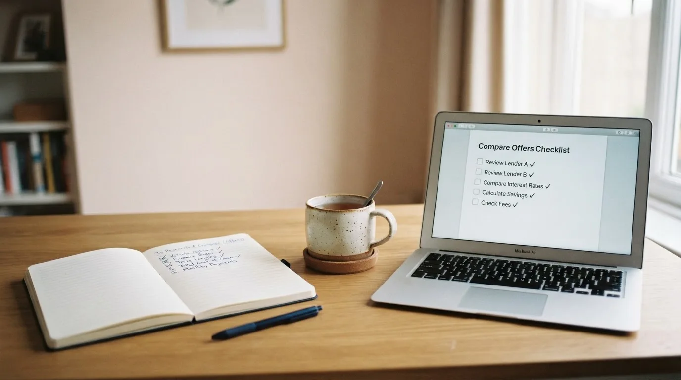 A tidy desk with a notebook, a mug of tea and a laptop open to a checklist, morning light through a window.