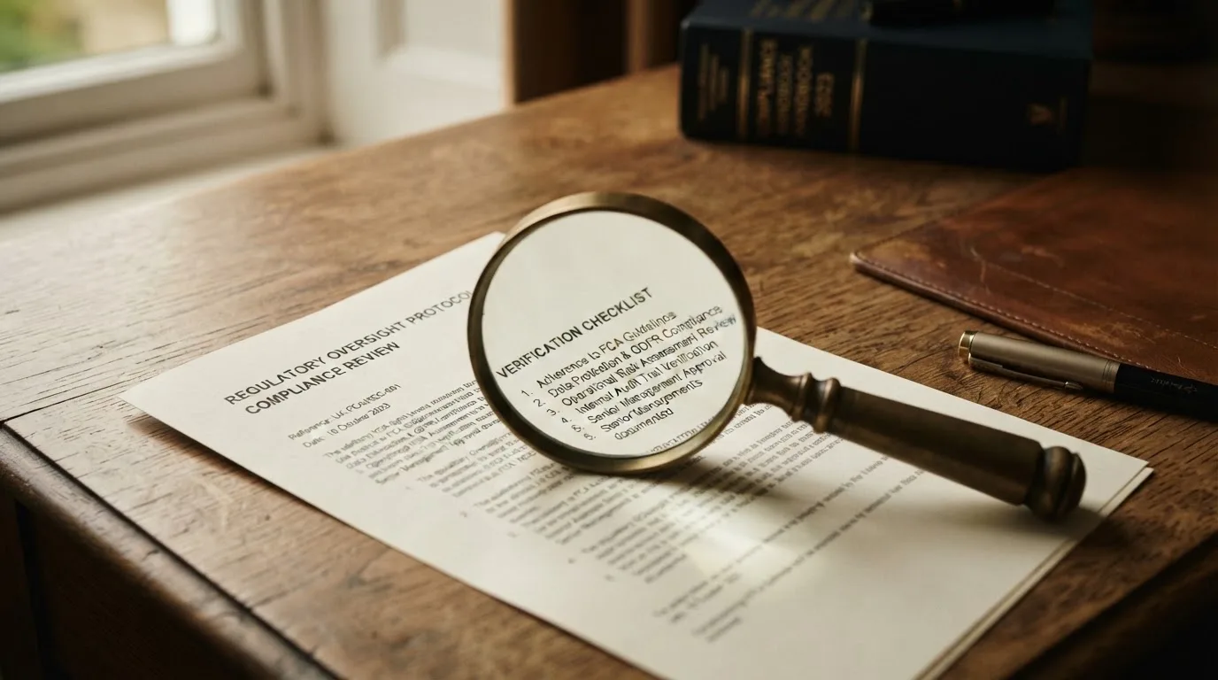 A magnifying glass rests over a printed regulatory certificate on a wooden desk.