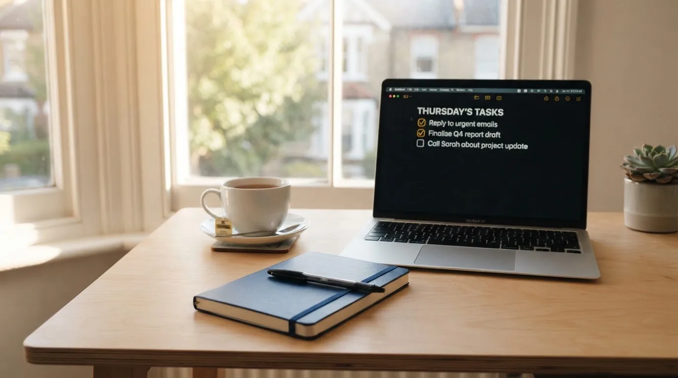 A tidy desk with a notebook, a mug of tea and a laptop open to a checklist, morning light through a window.