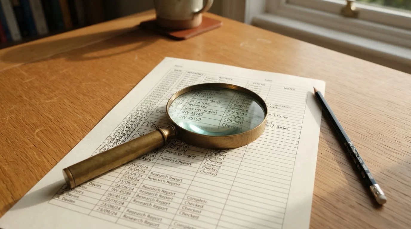 A magnifying glass rests over a printed regulatory certificate on a wooden desk.