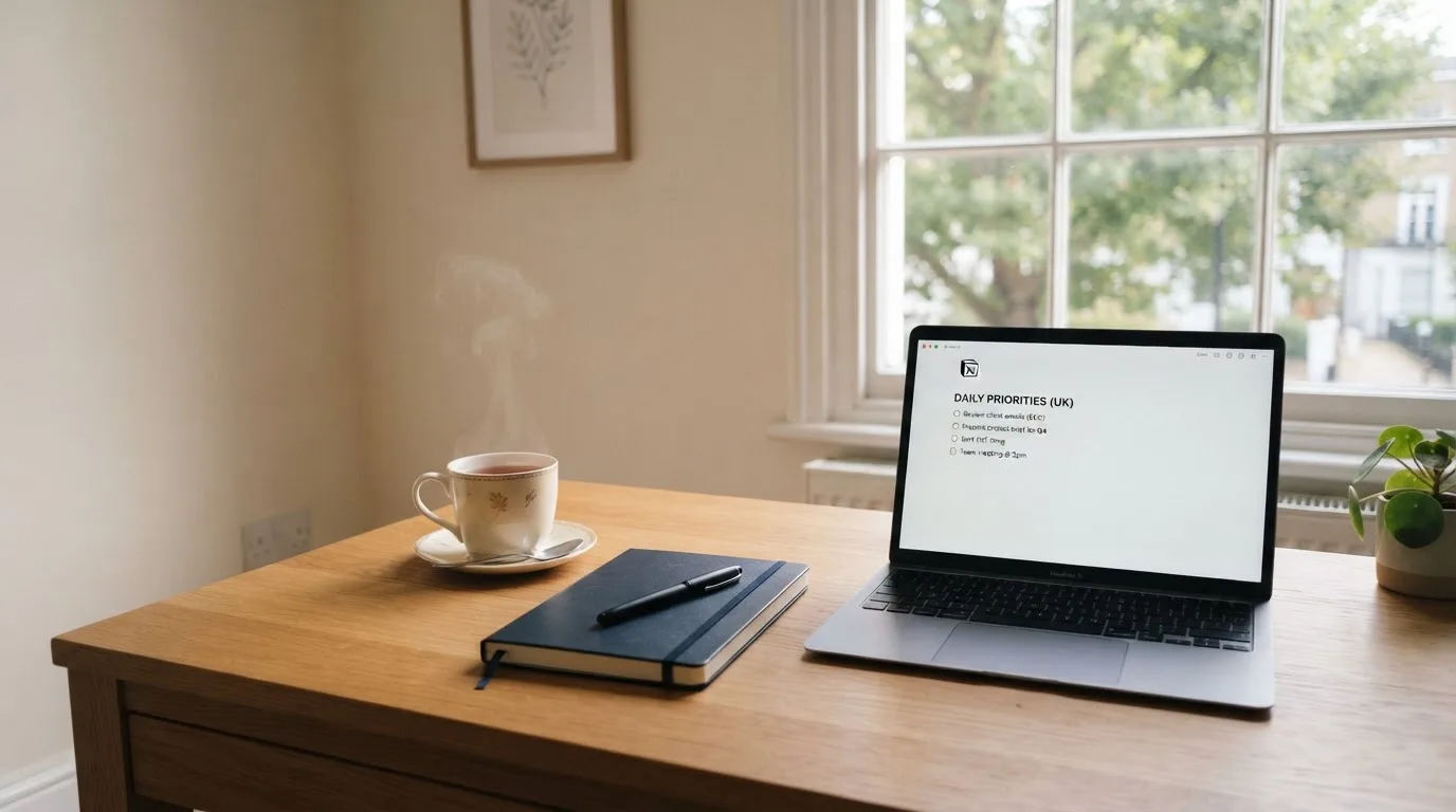 A tidy desk with a notebook, a mug of tea and a laptop open to a checklist, morning light through a window.