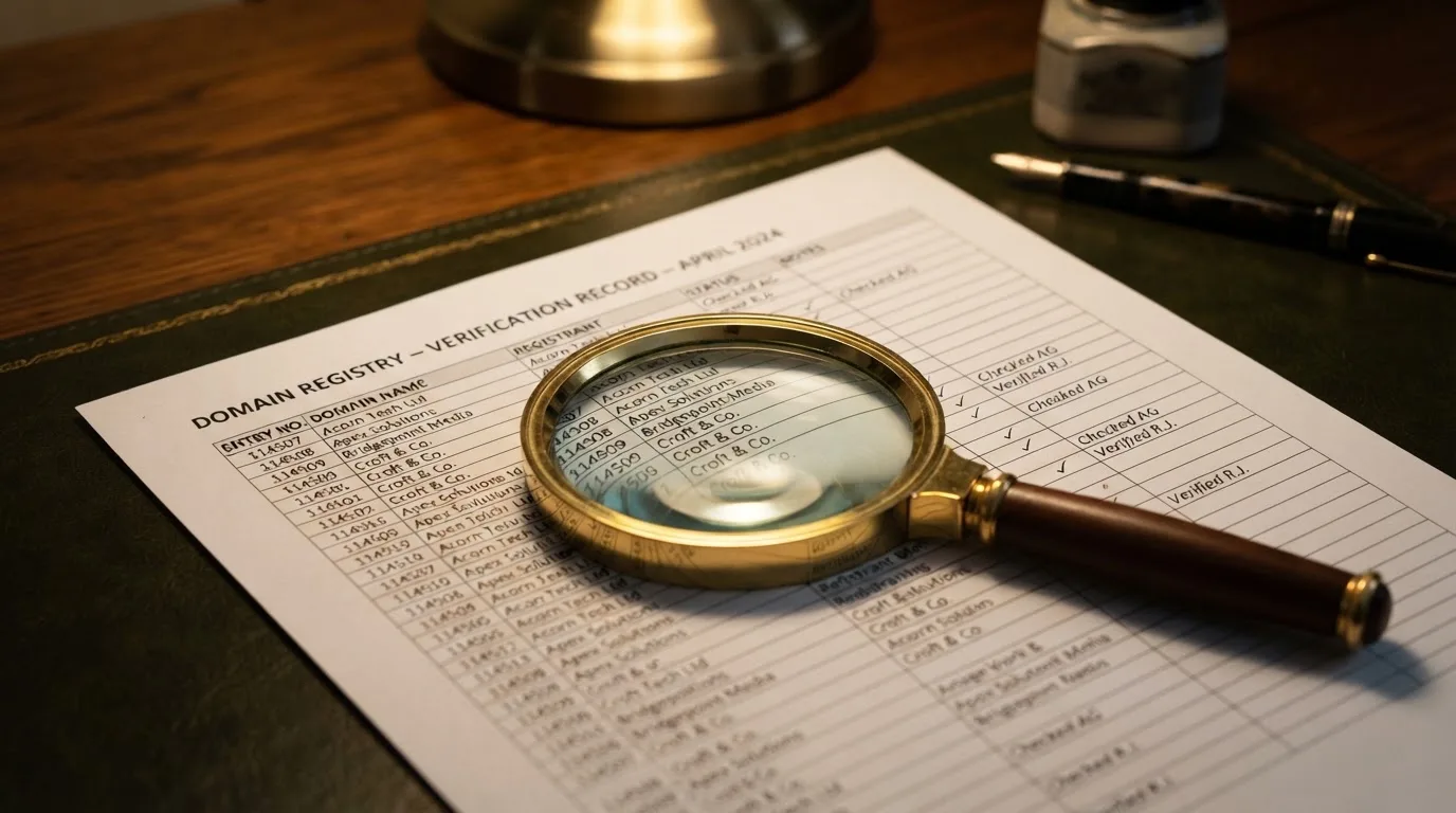 A magnifying glass rests over a printed regulatory certificate on a wooden desk.