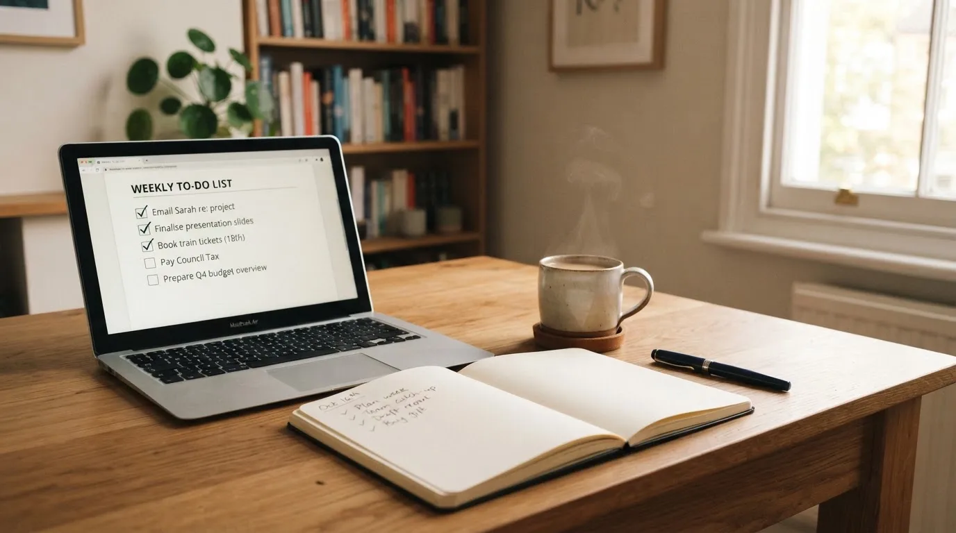 A tidy desk with a notebook, a mug of tea and a laptop open to a checklist, morning light through a window.
