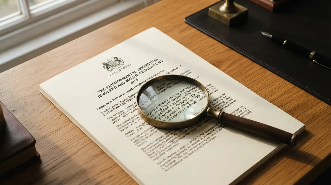 A magnifying glass rests over a printed regulatory certificate on a wooden desk.
