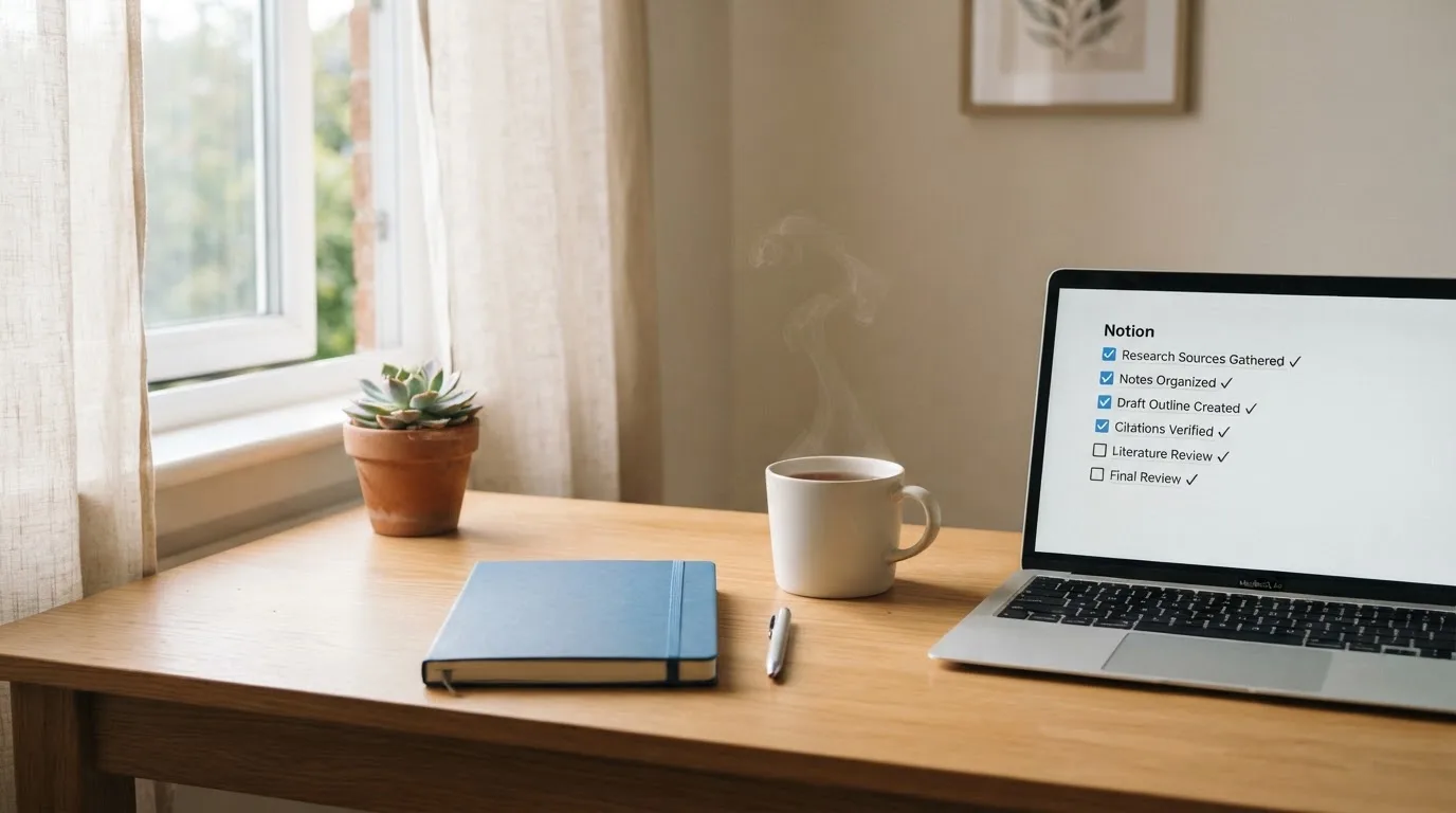 A tidy desk with a notebook, a mug of tea and a laptop open to a checklist, morning light through a window.