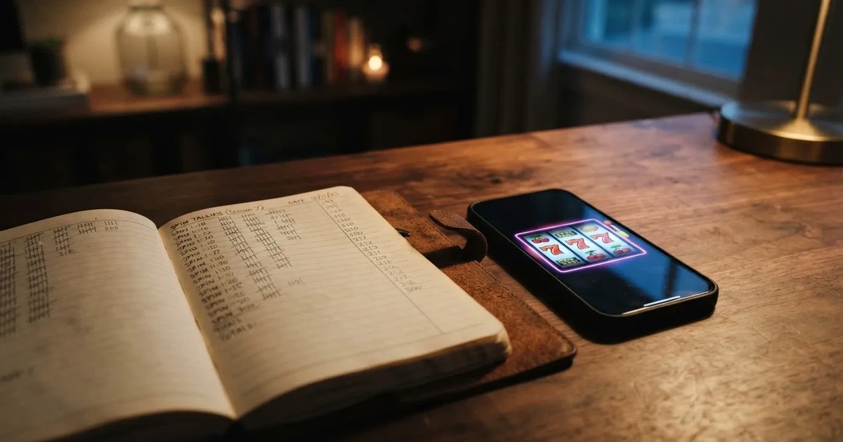 A notepad with a tally of spin counts rests beside a smartphone displaying a slot-reel icon on a desk.