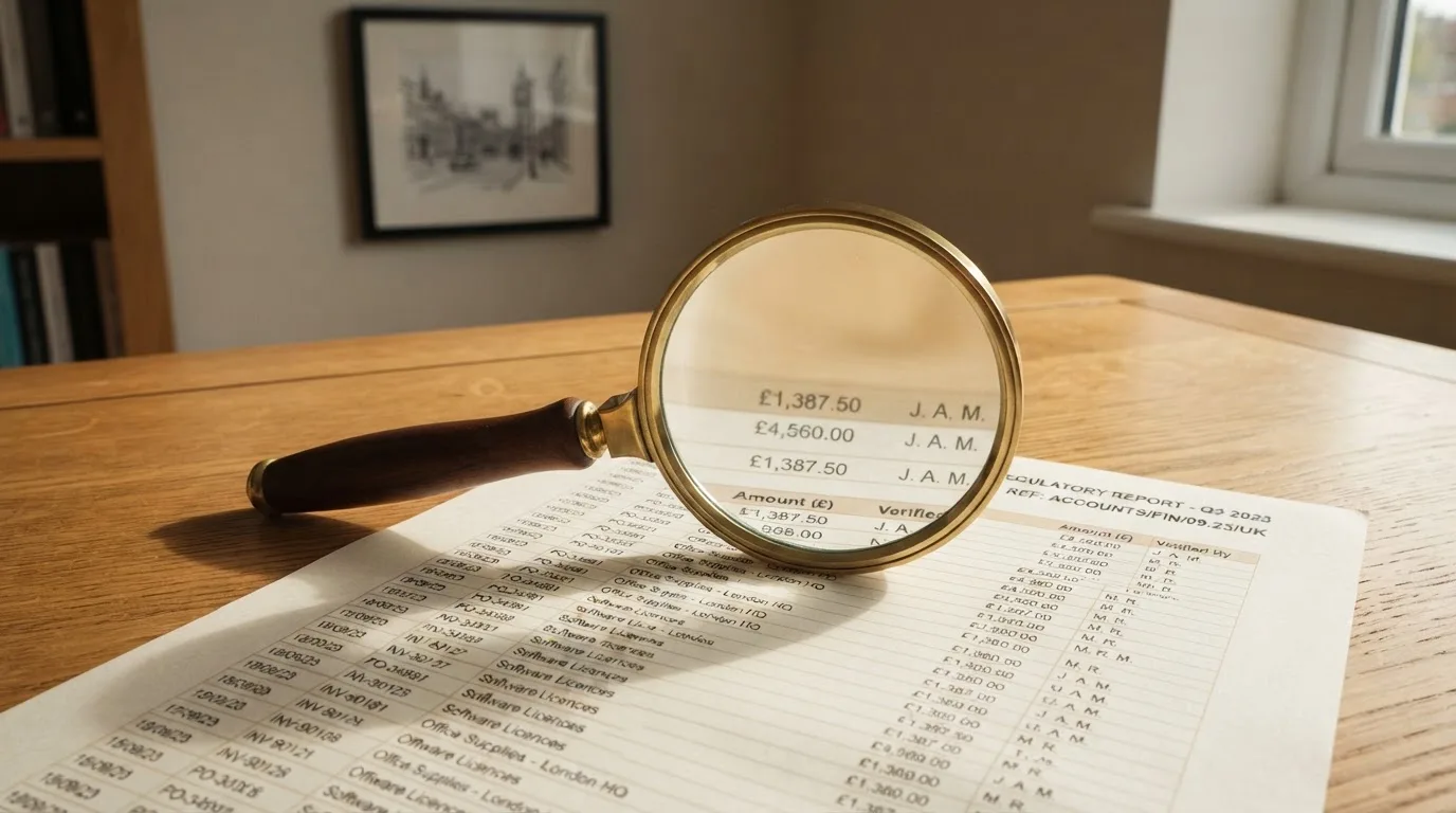 A magnifying glass rests over a printed regulatory certificate on a wooden desk.