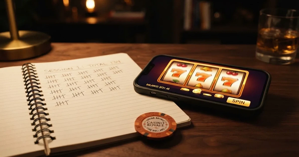 A notepad with a tally of spin counts rests beside a smartphone displaying a slot-reel icon on a desk.
