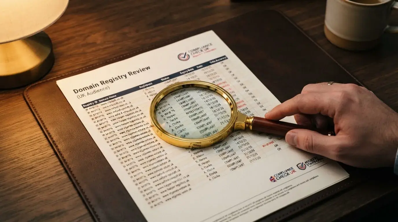 A magnifying glass rests over a printed regulatory certificate on a wooden desk.