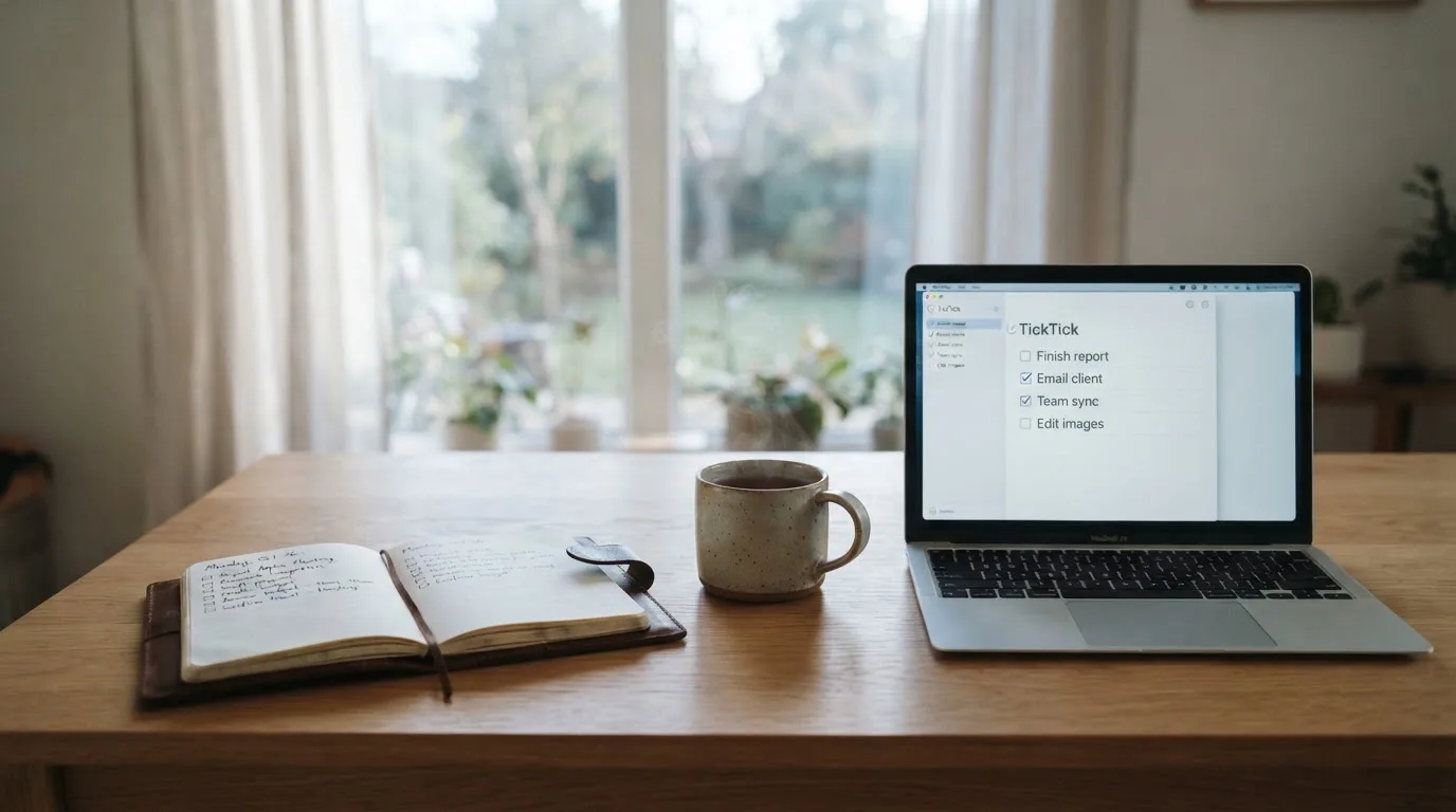 A tidy desk with a notebook, a mug of tea and a laptop open to a checklist, morning light through a window.