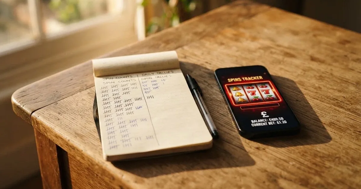 A notepad with a tally of spin counts rests beside a smartphone displaying a slot-reel icon on a desk.