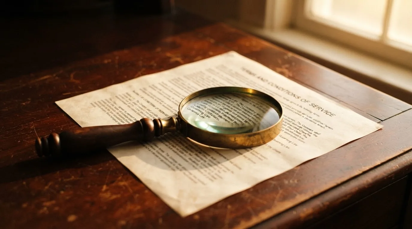 A magnifying glass rests over a printed regulatory certificate on a wooden desk.