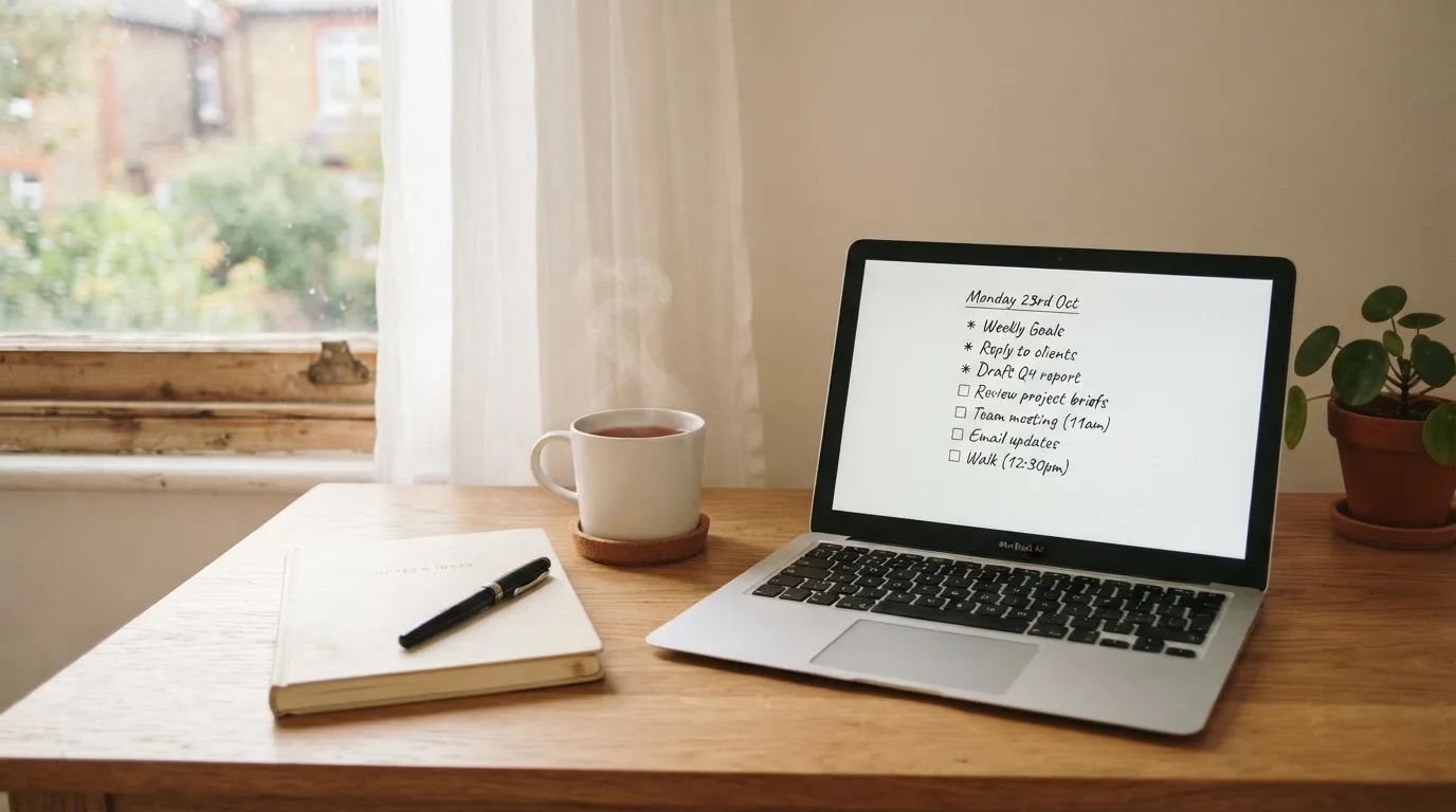A tidy desk with a notebook, a mug of tea and a laptop open to a checklist, morning light through a window.