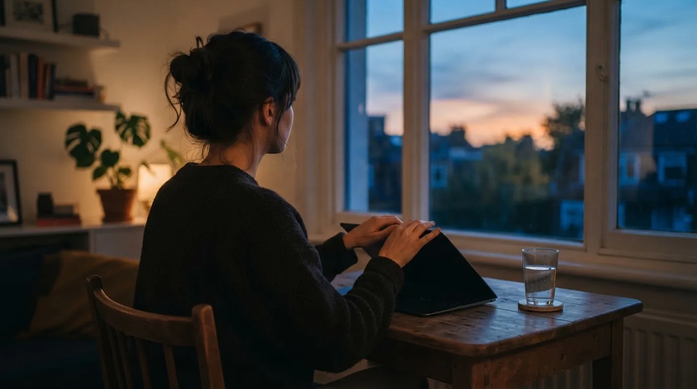 A person closes a laptop and looks out of a window at dusk, a glass of water on the table beside them.
