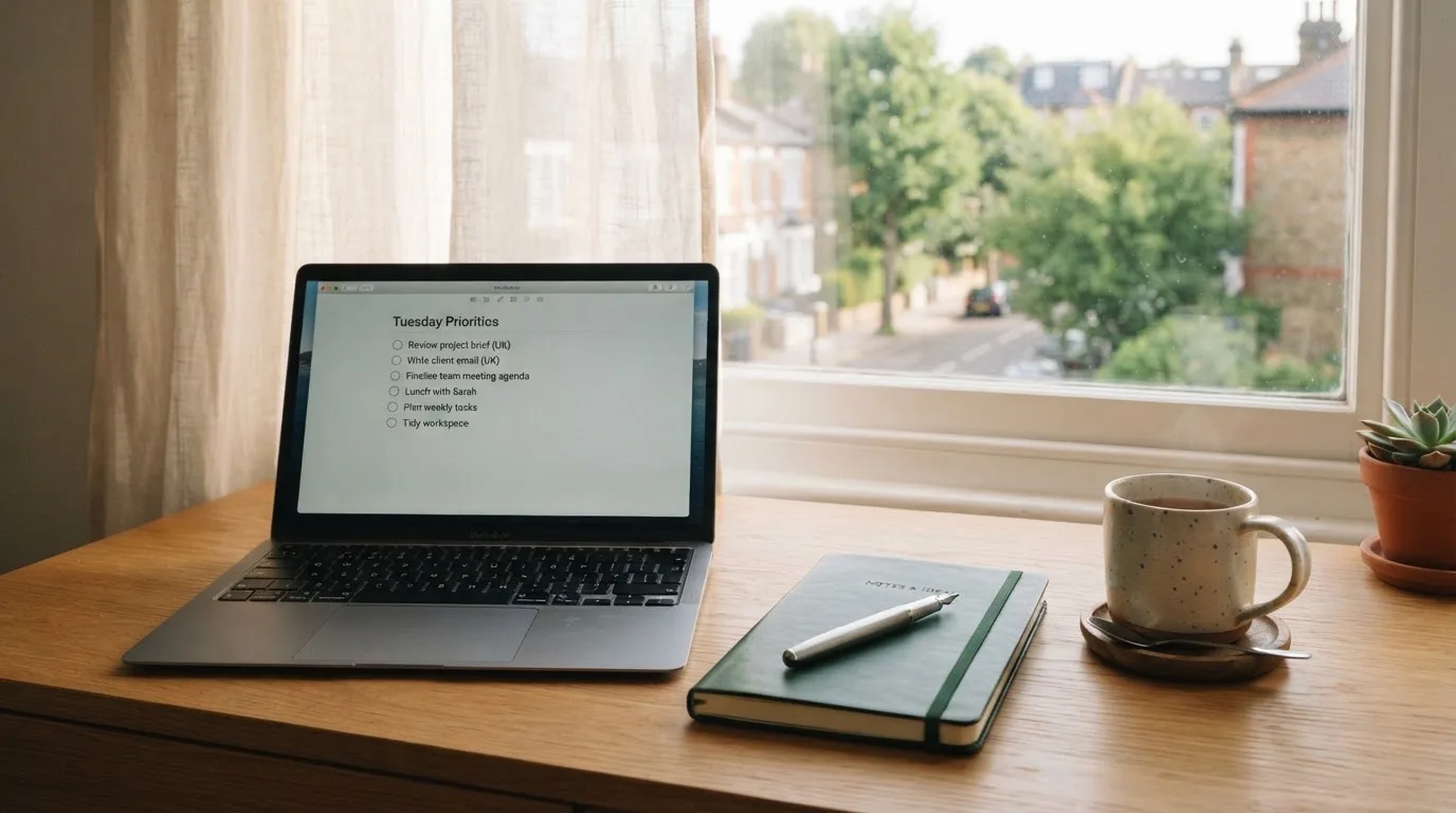 A tidy desk with a notebook, a mug of tea and a laptop open to a checklist, morning light through a window.