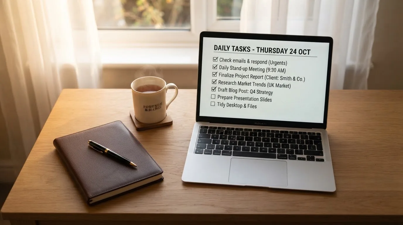 A tidy desk with a notebook, a mug of tea and a laptop open to a checklist, morning light through a window.