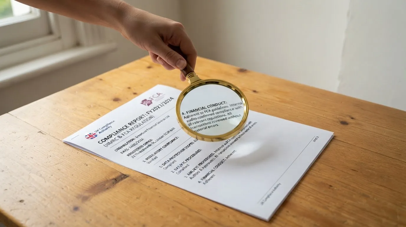 A magnifying glass rests over a printed regulatory certificate on a wooden desk.