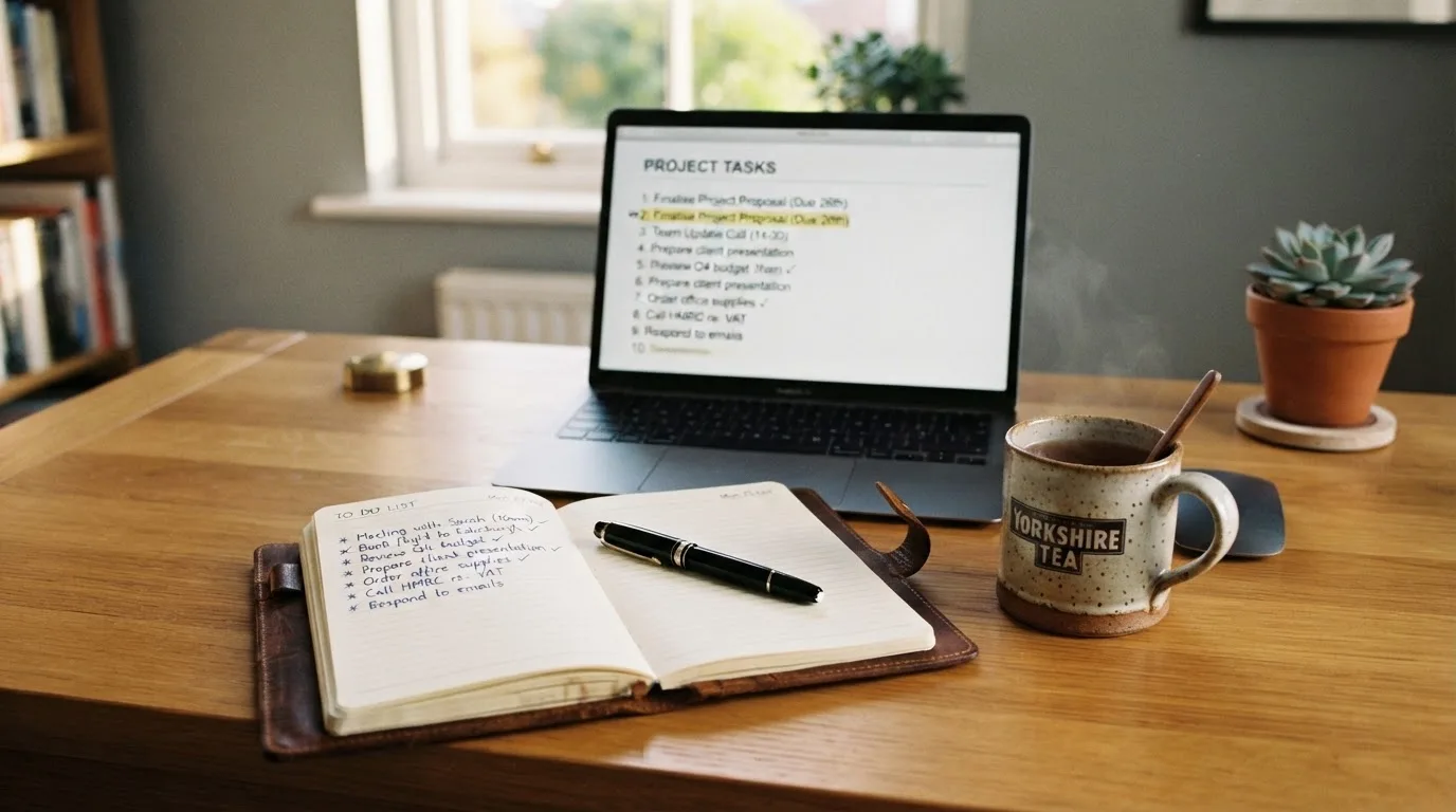 A tidy desk with a notebook, a mug of tea and a laptop open to a checklist, morning light through a window.