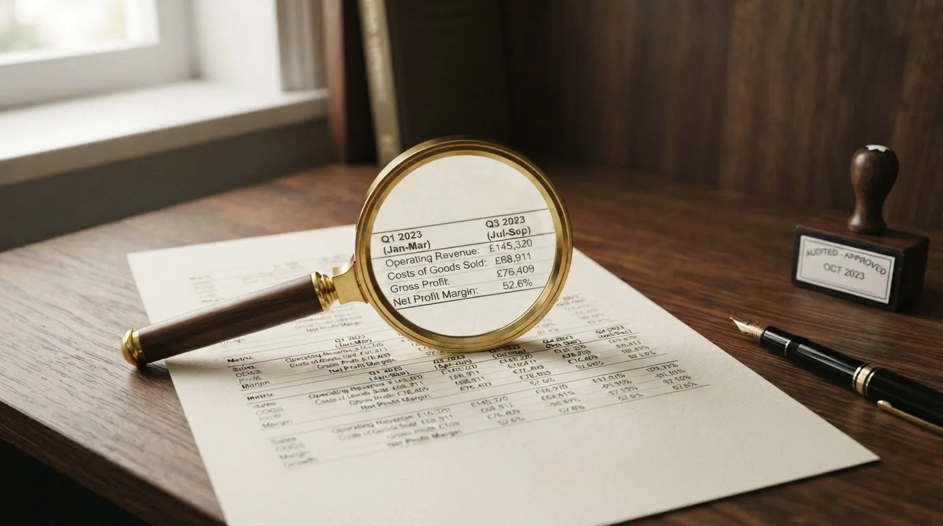 A magnifying glass rests over a printed regulatory certificate on a wooden desk.
