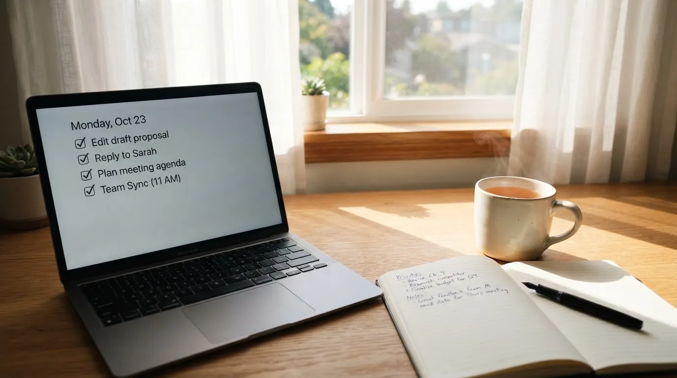 A tidy desk with a notebook, a mug of tea and a laptop open to a checklist, morning light through a window.