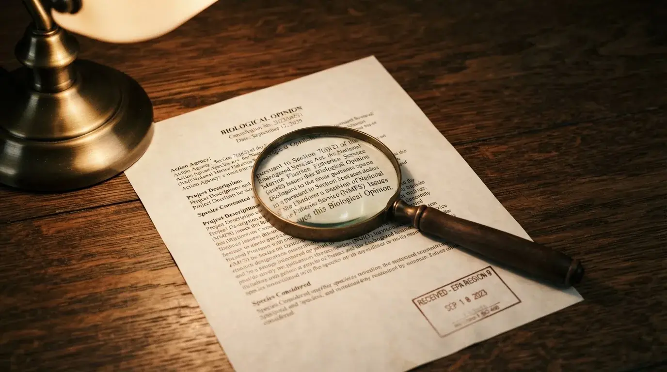 A magnifying glass rests over a printed regulatory certificate on a wooden desk.