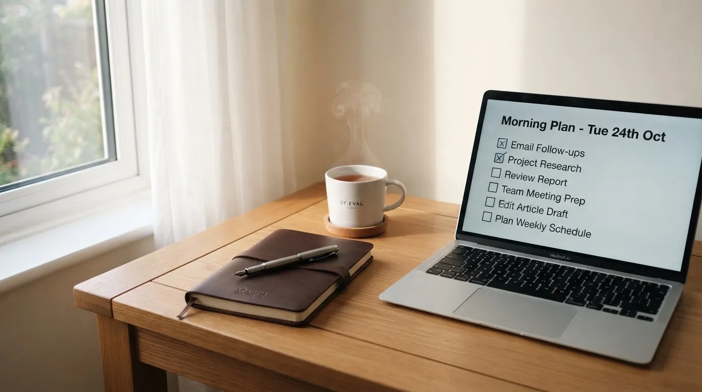 A tidy desk with a notebook, a mug of tea and a laptop open to a checklist, morning light through a window.