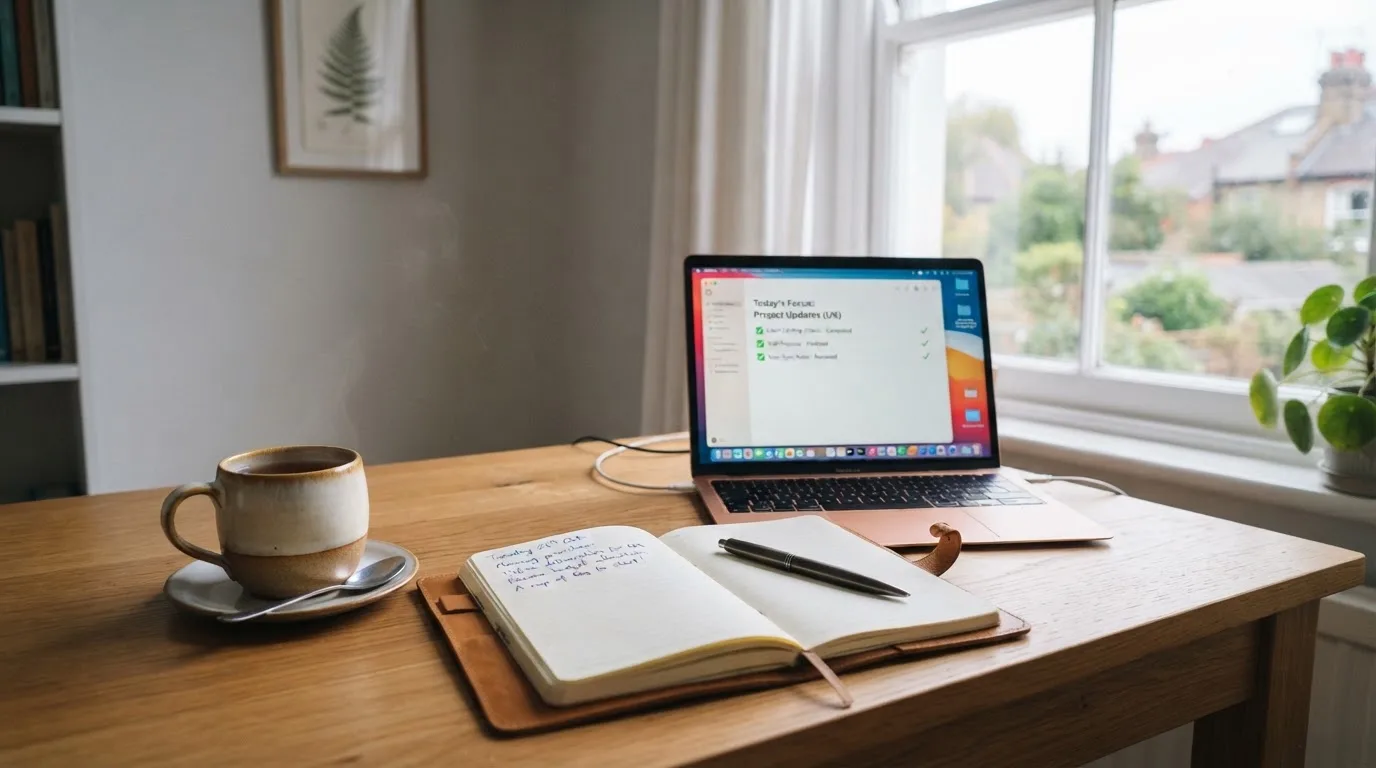 A tidy desk with a notebook, a mug of tea and a laptop open to a checklist, morning light through a window.