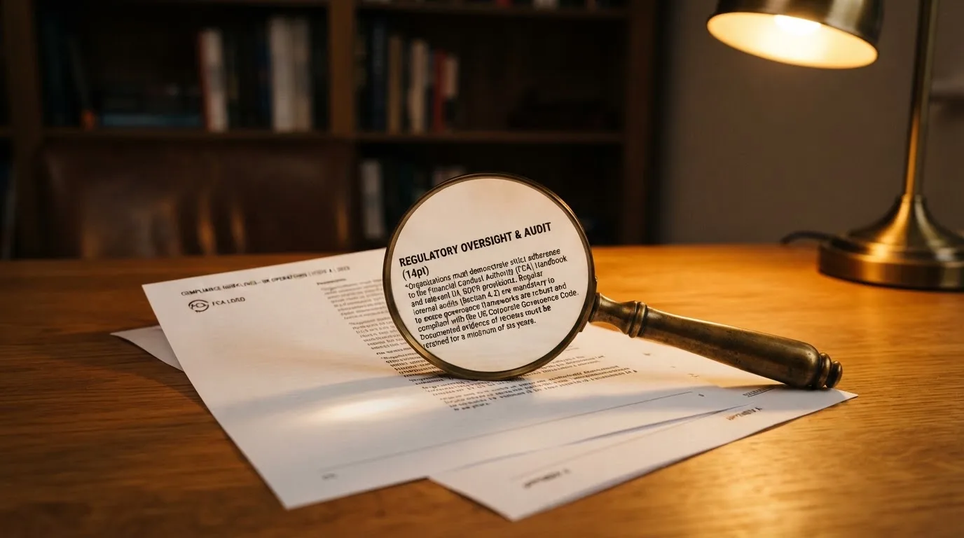 A magnifying glass rests over a printed regulatory certificate on a wooden desk.