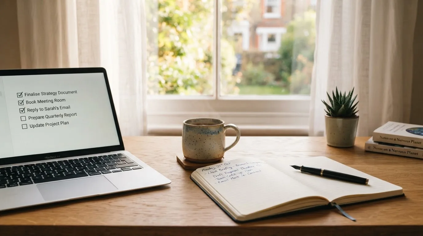 A tidy desk with a notebook, a mug of tea and a laptop open to a checklist, morning light through a window.