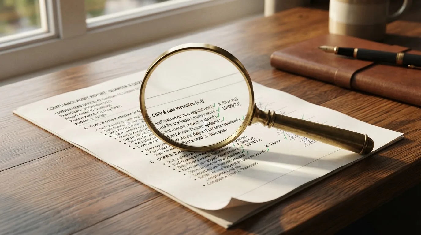 A magnifying glass rests over a printed regulatory certificate on a wooden desk.