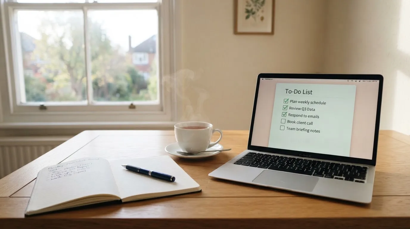 A tidy desk with a notebook, a mug of tea and a laptop open to a checklist, morning light through a window.