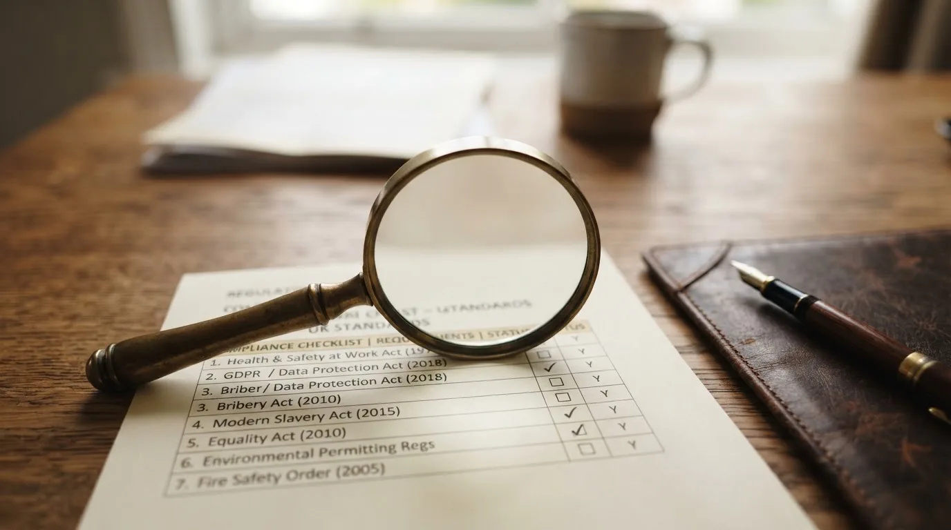 A magnifying glass rests over a printed regulatory certificate on a wooden desk.