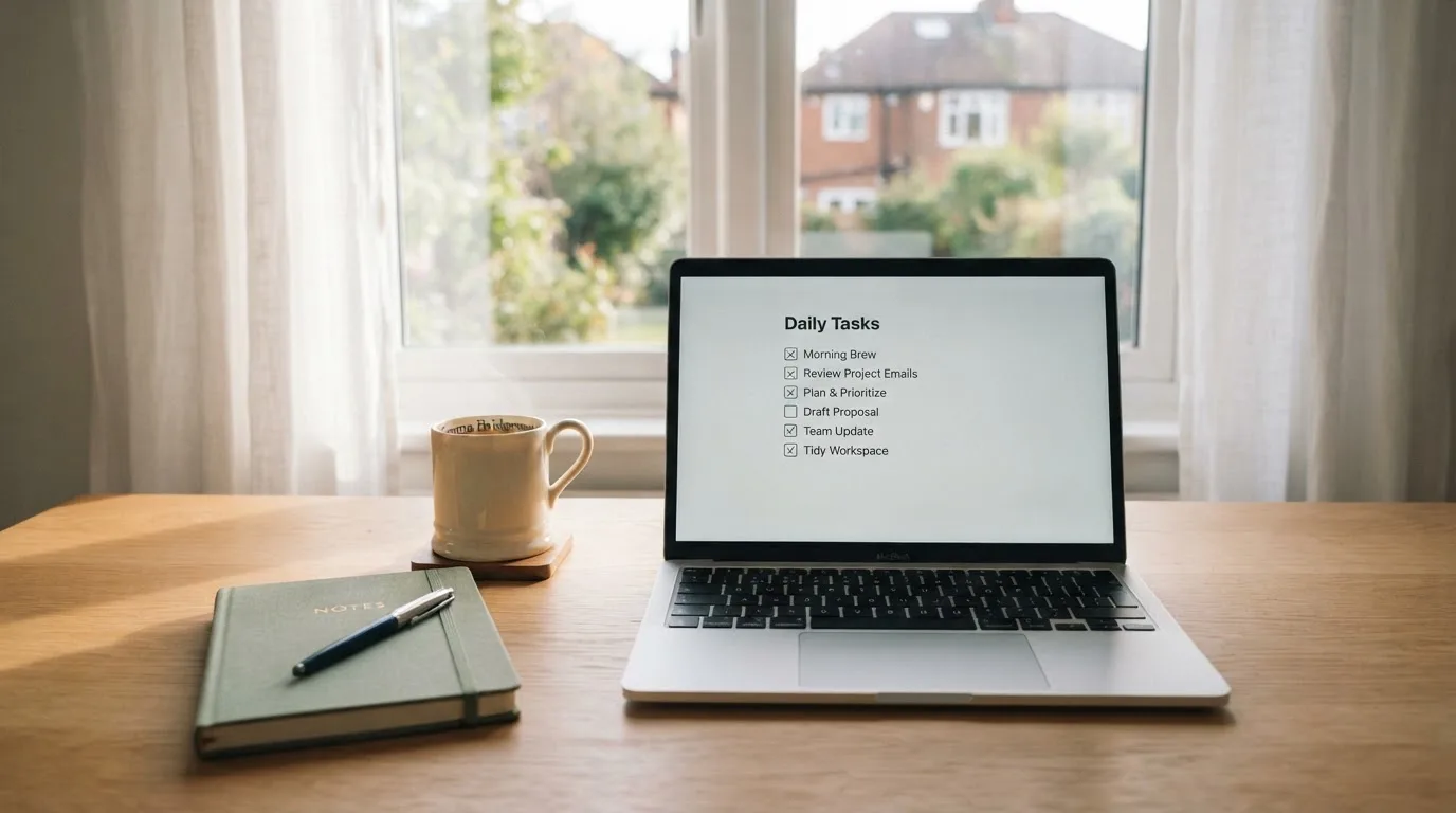 A tidy desk with a notebook, a mug of tea and a laptop open to a checklist, morning light through a window.