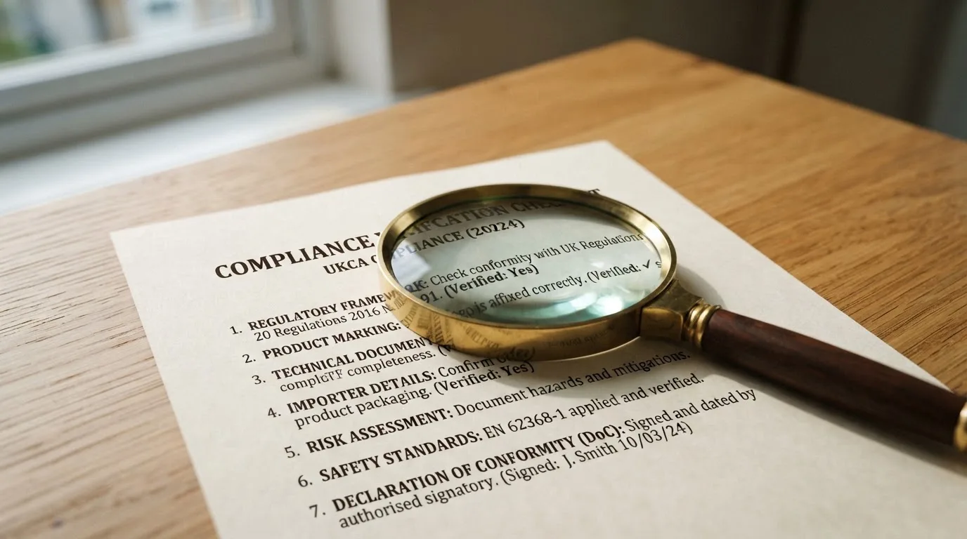 A magnifying glass rests over a printed regulatory certificate on a wooden desk.