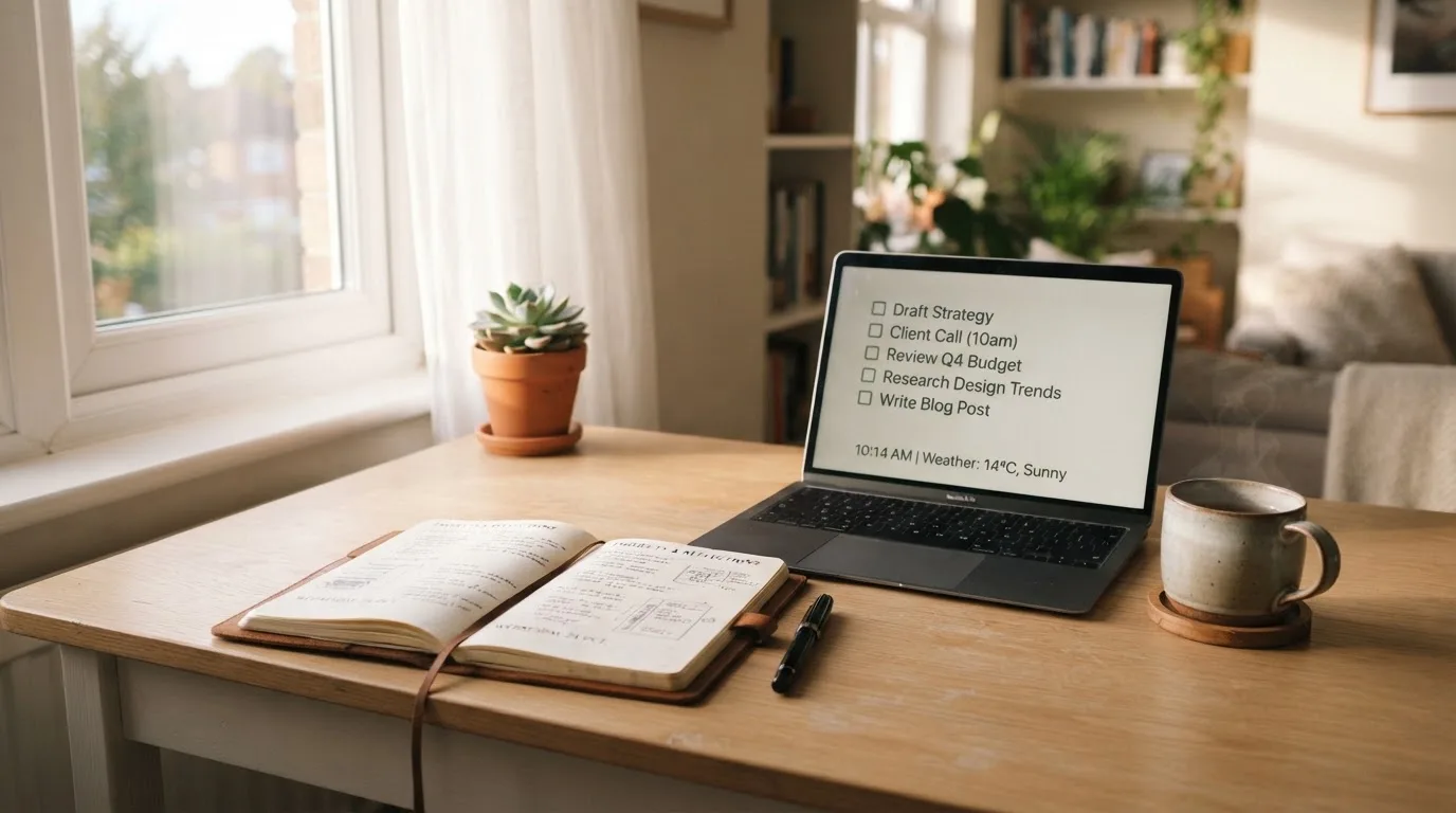 A tidy desk with a notebook, a mug of tea and a laptop open to a checklist, morning light through a window.