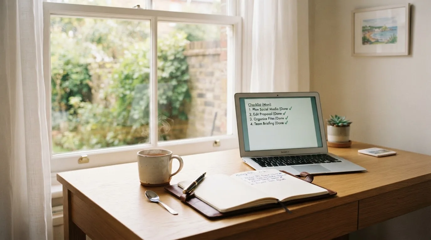 A tidy desk with a notebook, a mug of tea and a laptop open to a checklist, morning light through a window.