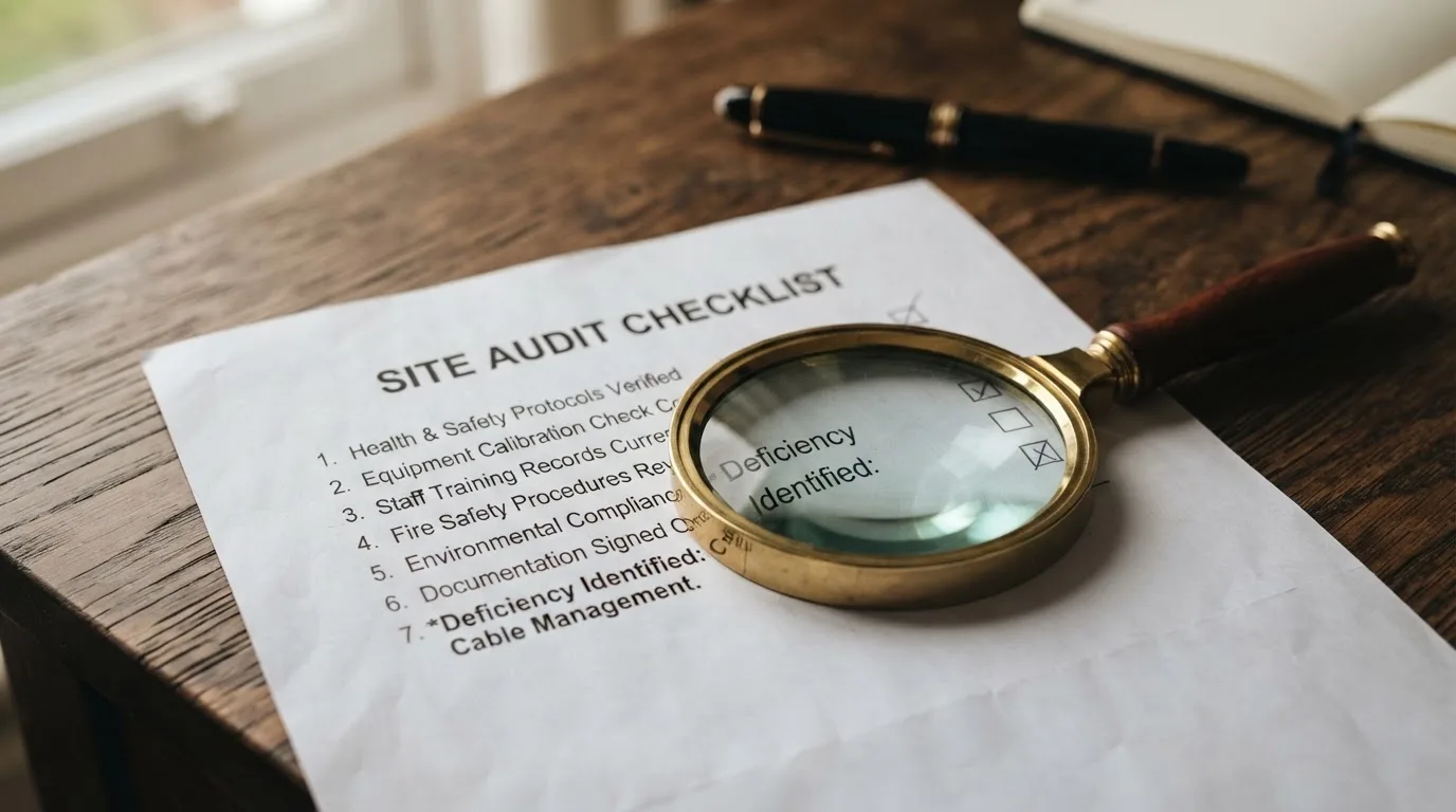 A magnifying glass rests over a printed regulatory certificate on a wooden desk.
