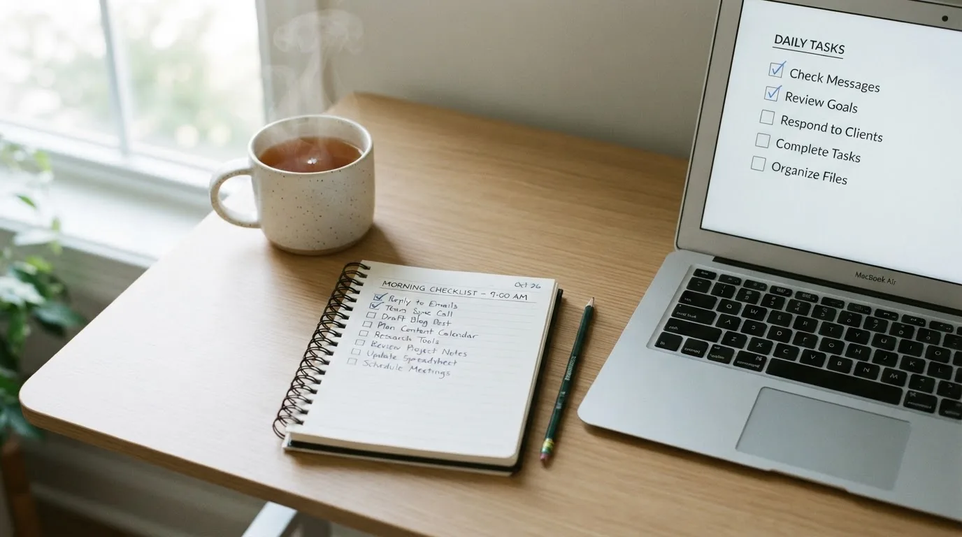 A tidy desk with a notebook, a mug of tea and a laptop open to a checklist, morning light through a window.