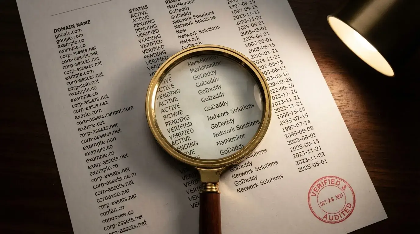 A magnifying glass rests over a printed regulatory certificate on a wooden desk.