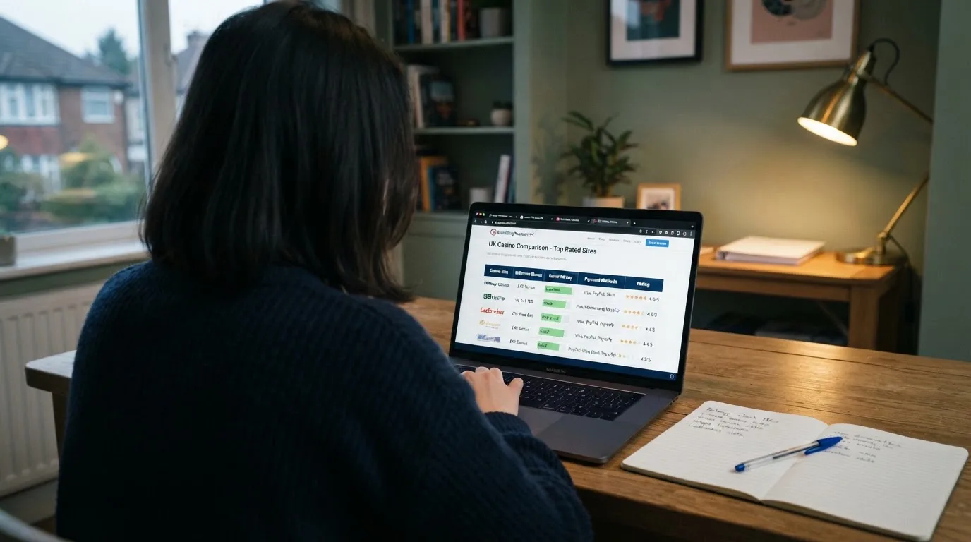 A laptop on a home desk showing a UK online casino comparison page open beside a notepad, with a craps table layout diagram on a laptop visible in a browser tab list