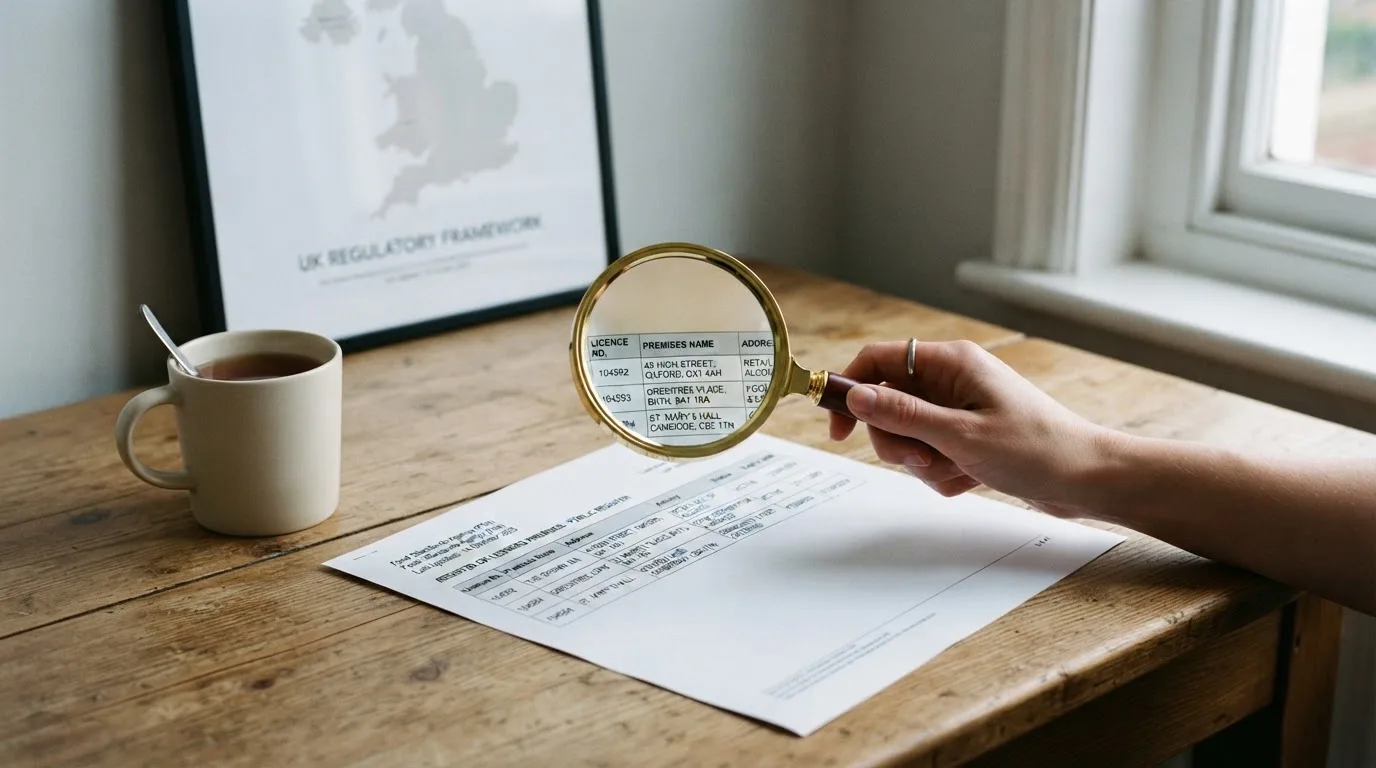 A magnifying glass held over a printed gambling licence certificate on a desk, with a UK map faintly visible in the background