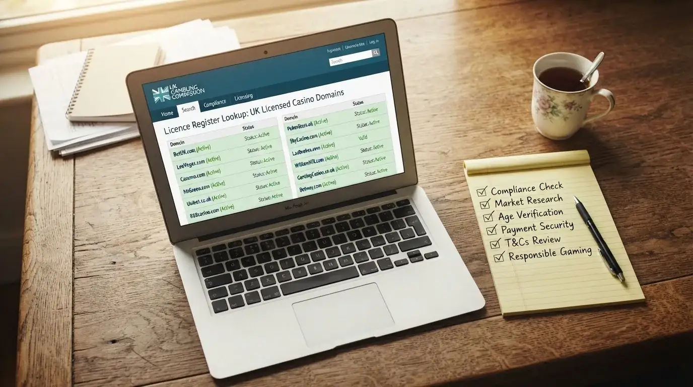 A laptop on a home desk showing a UK online casino comparison page open beside a notepad, with a laptop showing a foreign-registered website's homepage visible in a browser tab list