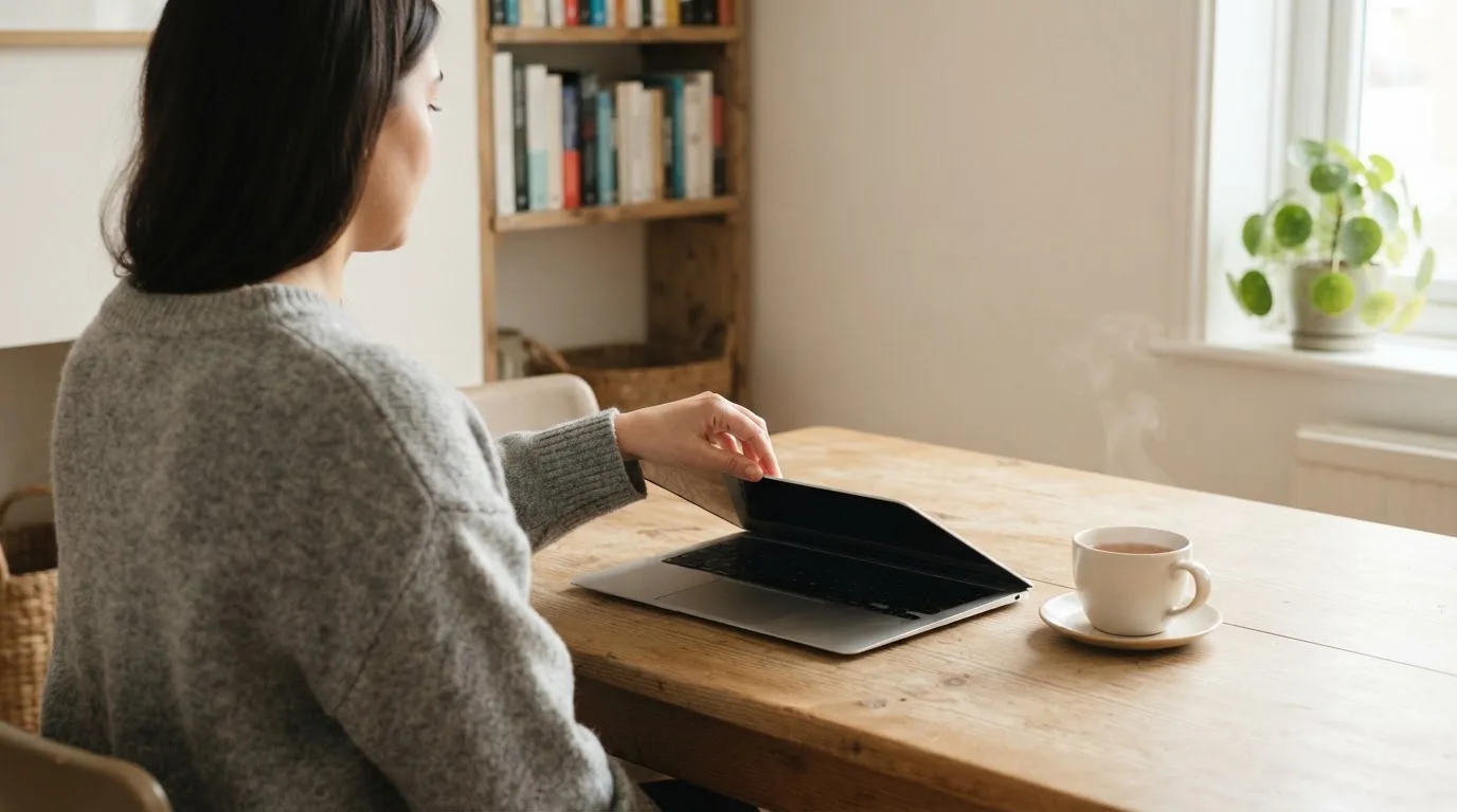 A person closing a laptop beside a cup of tea
