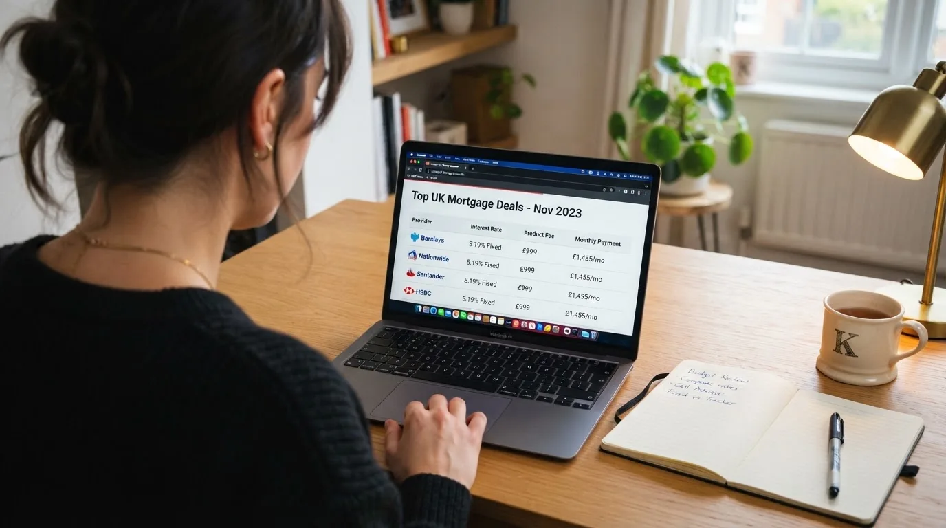 A laptop on a home desk showing a UK online casino comparison page open beside a notepad, with a laptop showing an international casino homepage in a browser visible in a browser tab list