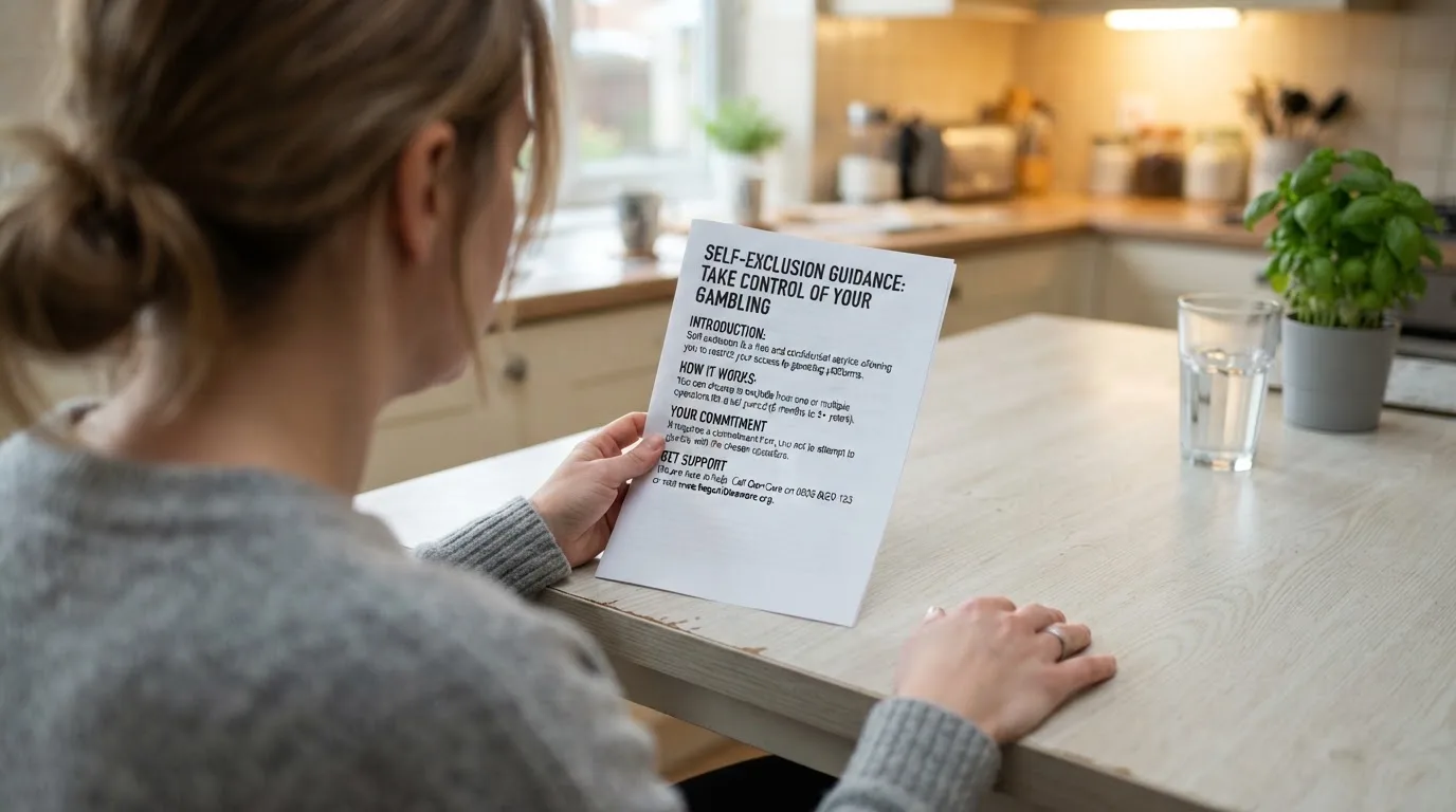 A person reading a self-exclusion leaflet at a kitchen table