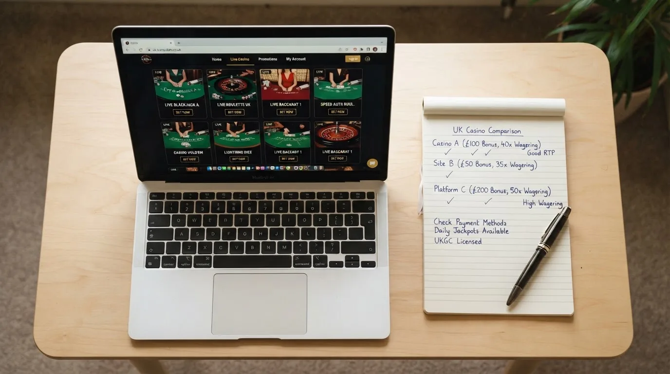 A laptop on a home desk showing a UK online casino comparison page open beside a notepad, with a laptop showing a live casino lobby with several table thumbnails visible in a browser tab list